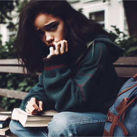 Девушка с книгой грустит на скамейке